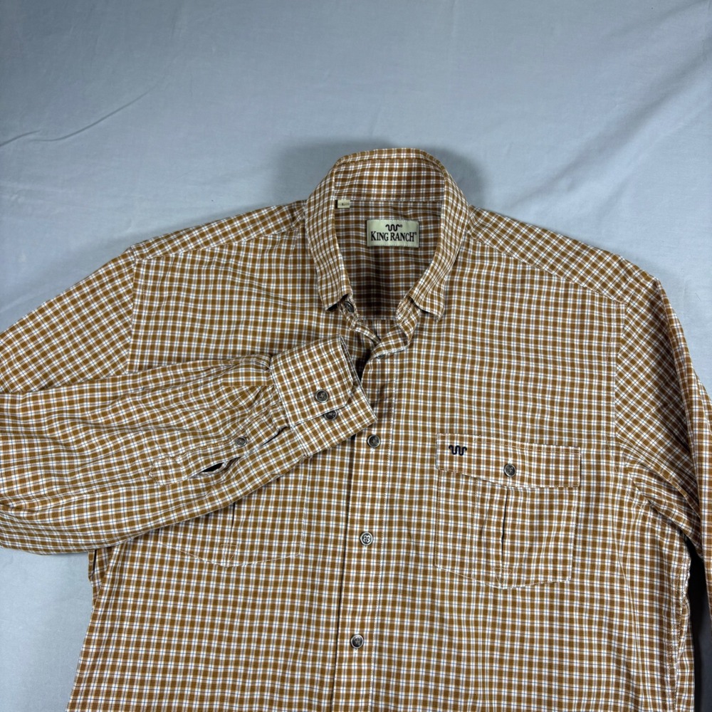 King Ranch Mens Large Tan White Checkered Long Sleeve Button Down Western Shirt